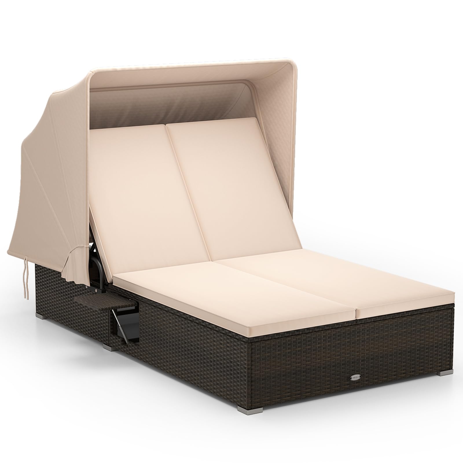 Tangkula Chaise longue double de patio avec pare-soleil, transat inclinable en osier Patiojoy à 6 niveaux